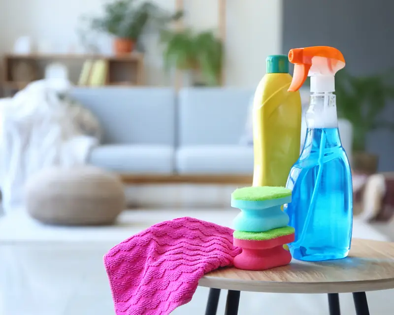 Professional cleaning supplies set out in a bright, tidy living room before a house cleaning visit