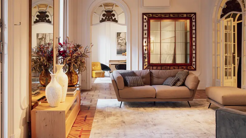 Elegant, freshly cleaned living room with a sofa, rug and natural light