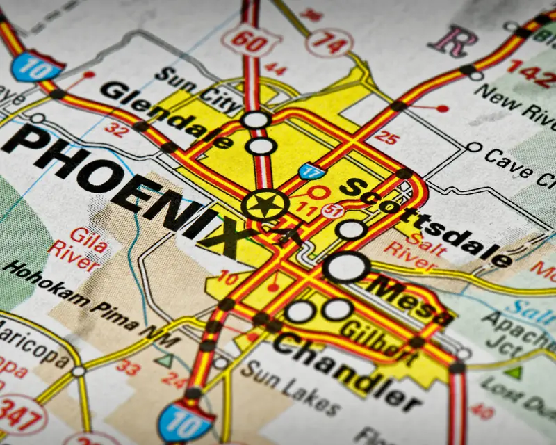 Road map of the Phoenix East Valley showing Scottsdale, Tempe, Chandler, Gilbert and Mesa