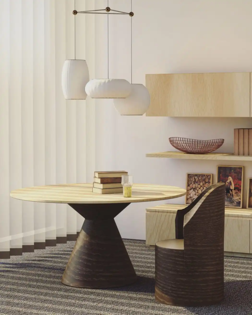 Bright modern dining room with a clean table, chair, shelving, and pendant lights